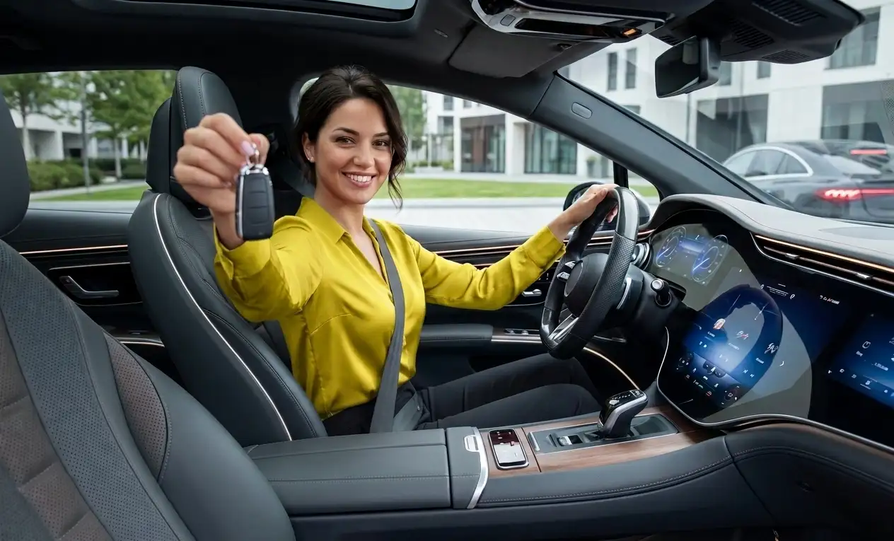 Lächelnde junge Frau sitzt in einem modernen Auto der Fahrschule Fahrwerk in Weiterstadt mit Automatikgetriebe und hält stolz den Autoschlüssel in der Hand.